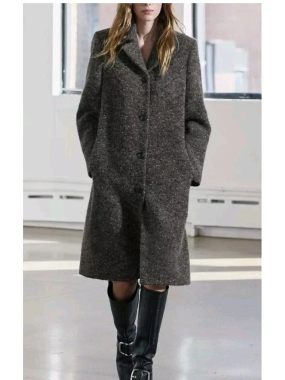 ZARA Manteco Wool Blend Bouclé Coat Womens S Gray Italian Fabric Button Front